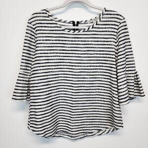 Green Envelope Bell Sleeve Sweater Size L Blue Cream Striped Indie Boho Chic